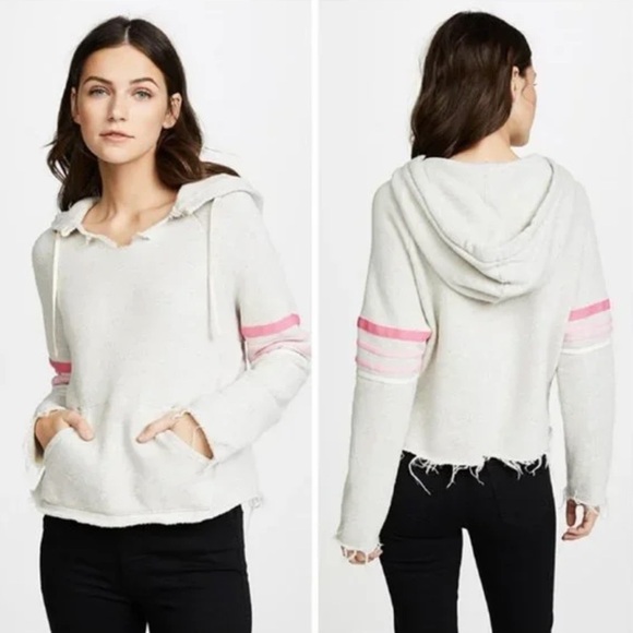 MOTHER Denim The Square Tear Raw Hem Hood Pullover, Pink/Heather Oatmeal sz XS - Picture 1 of 8